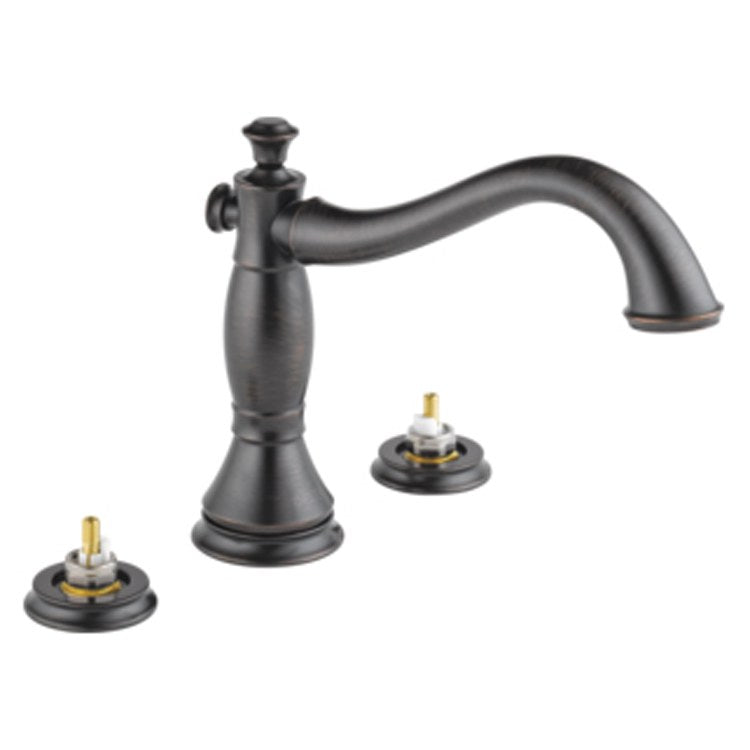Black Delta Cassidy roman tub trim with curved spout and two round deck-mounted control bases with brass stems.