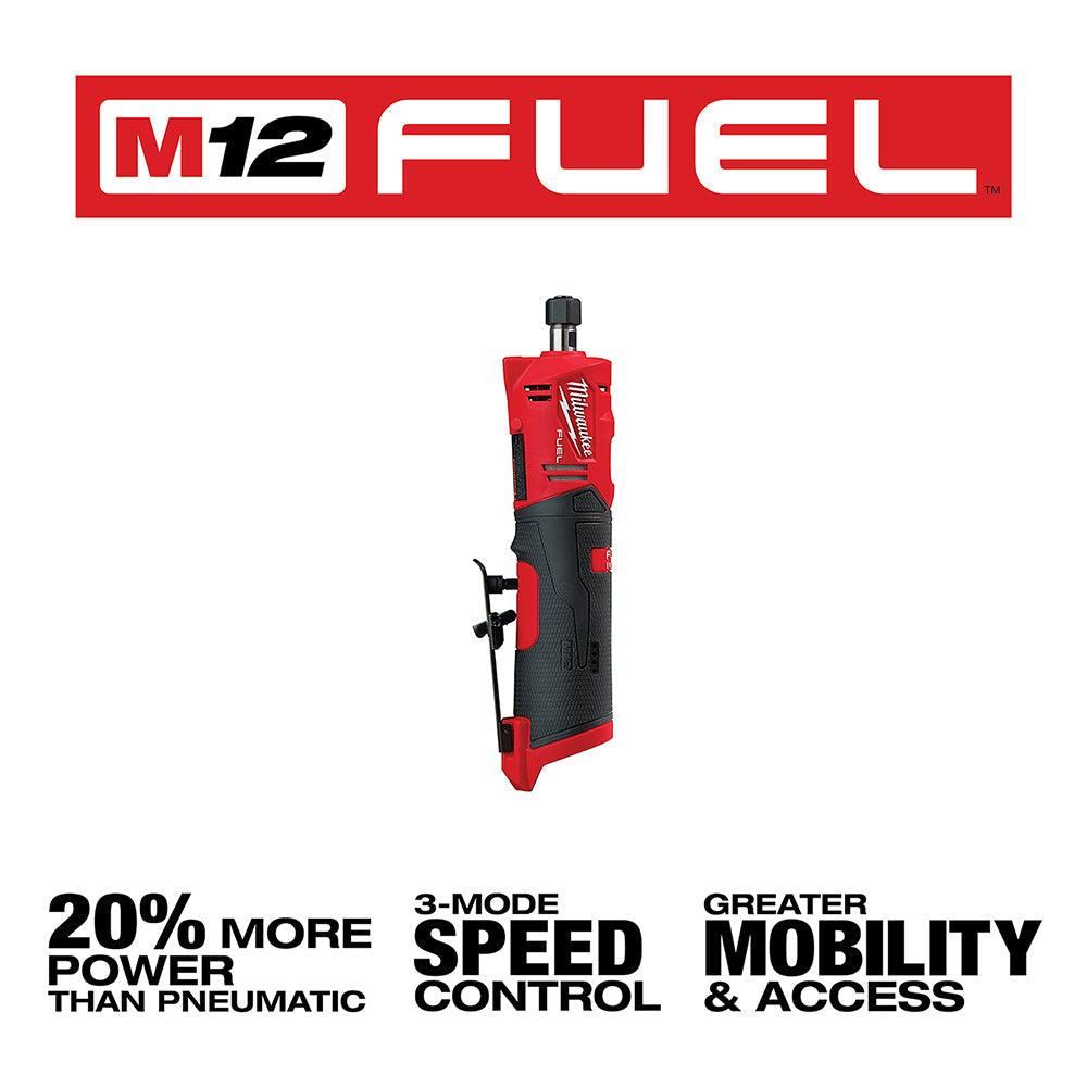Milwaukee M12 FUEL red and black straight die grinder with side handles and collet attachment at top.