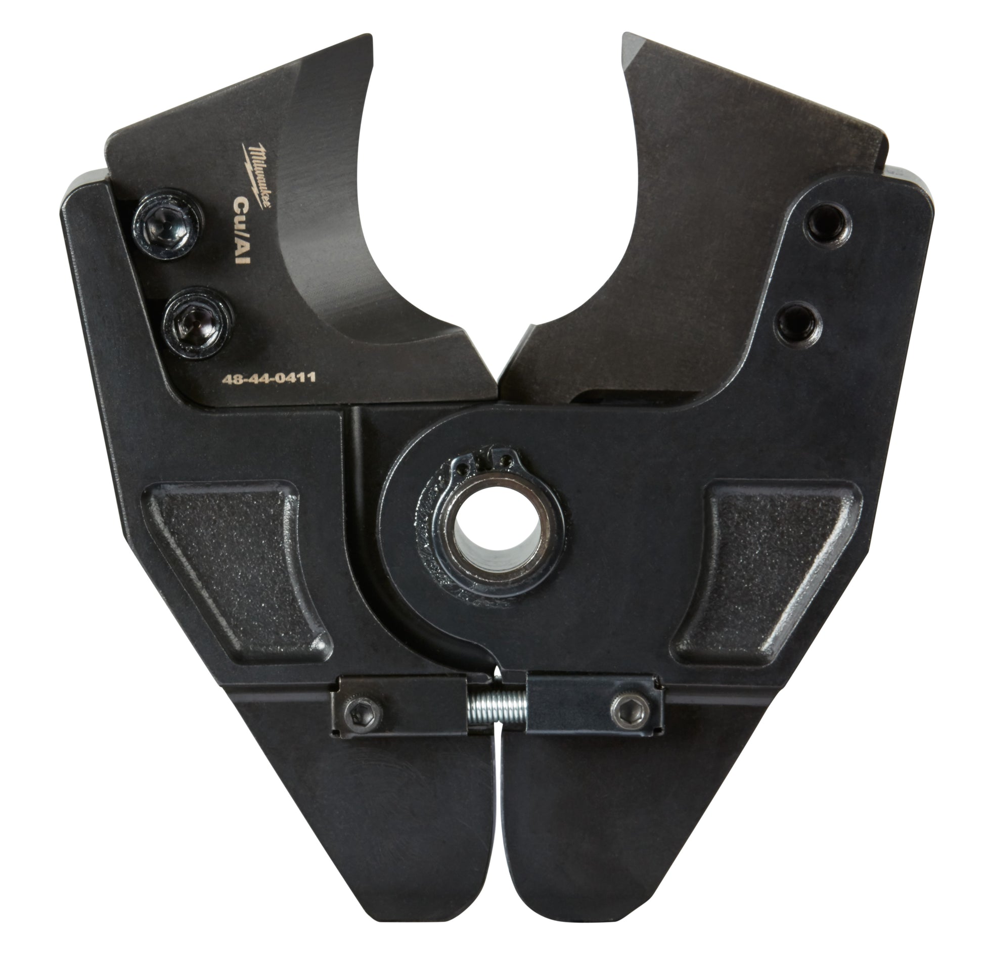 Black metal press jaw with curved upper arms, textured grip pads, and center adjustment screw for M18 copper/aluminum crimpin