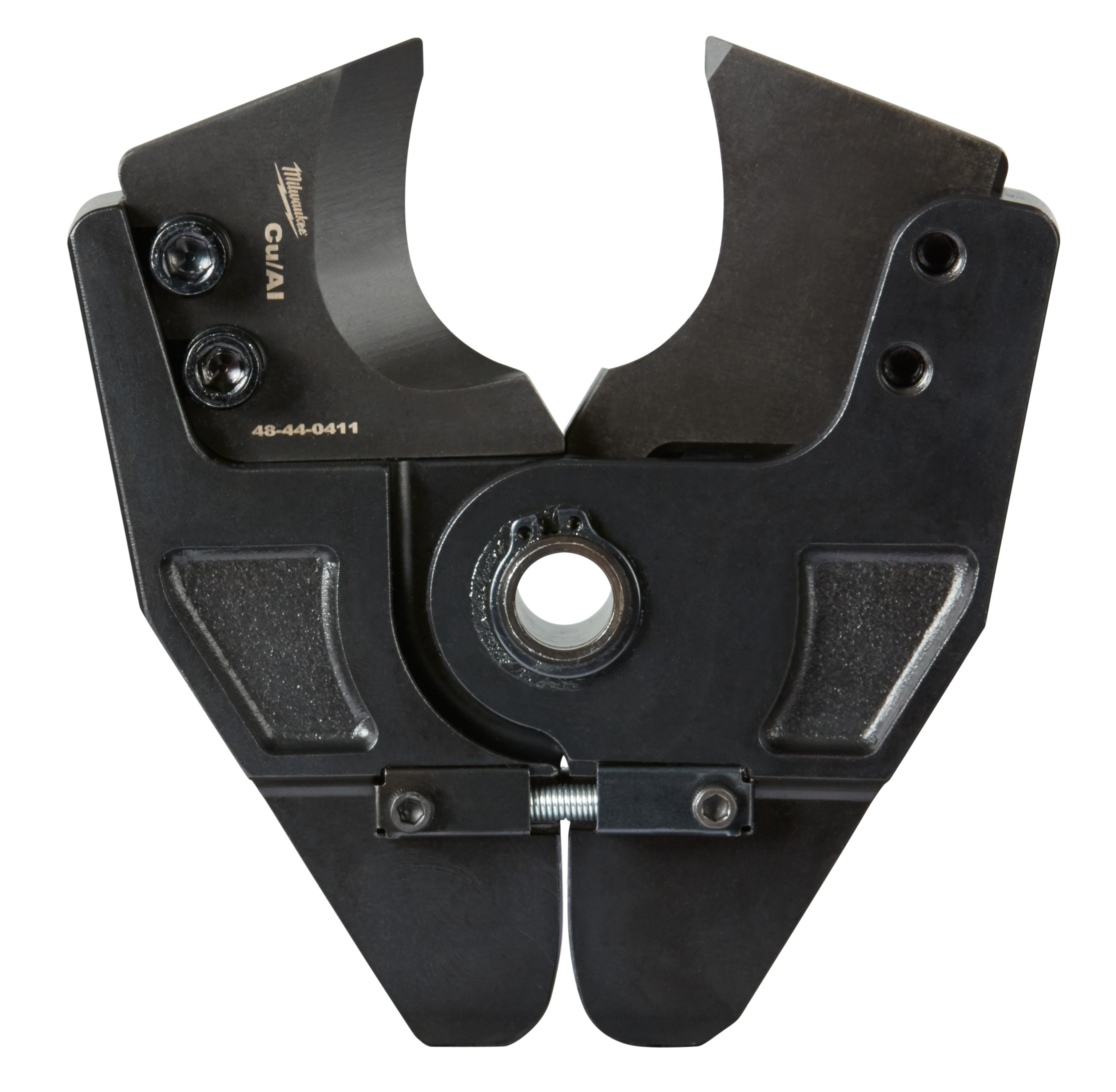 Black metal press jaw with curved upper arms, textured grip pads, and center adjustment screw for M18 copper/aluminum crimpin