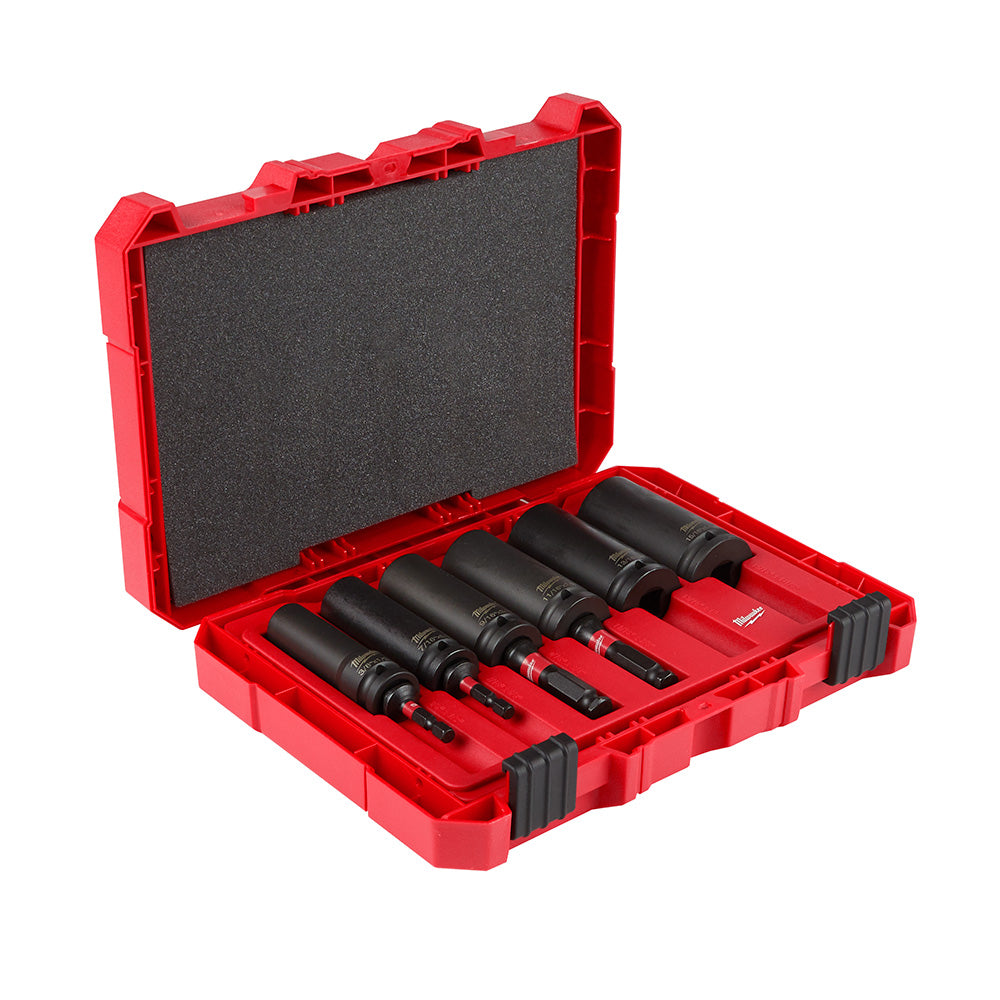 Red plastic case containing ten black impact sockets with varying sizes arranged in organized foam compartments.