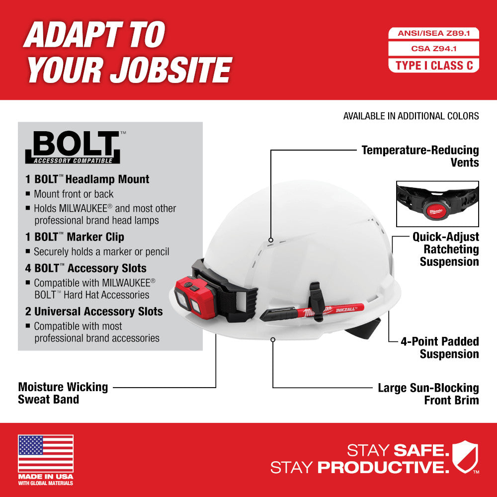 Gray hard hat with front brim, vented crown, moisture-wicking sweat band, and 4-point ratcheting suspension system.