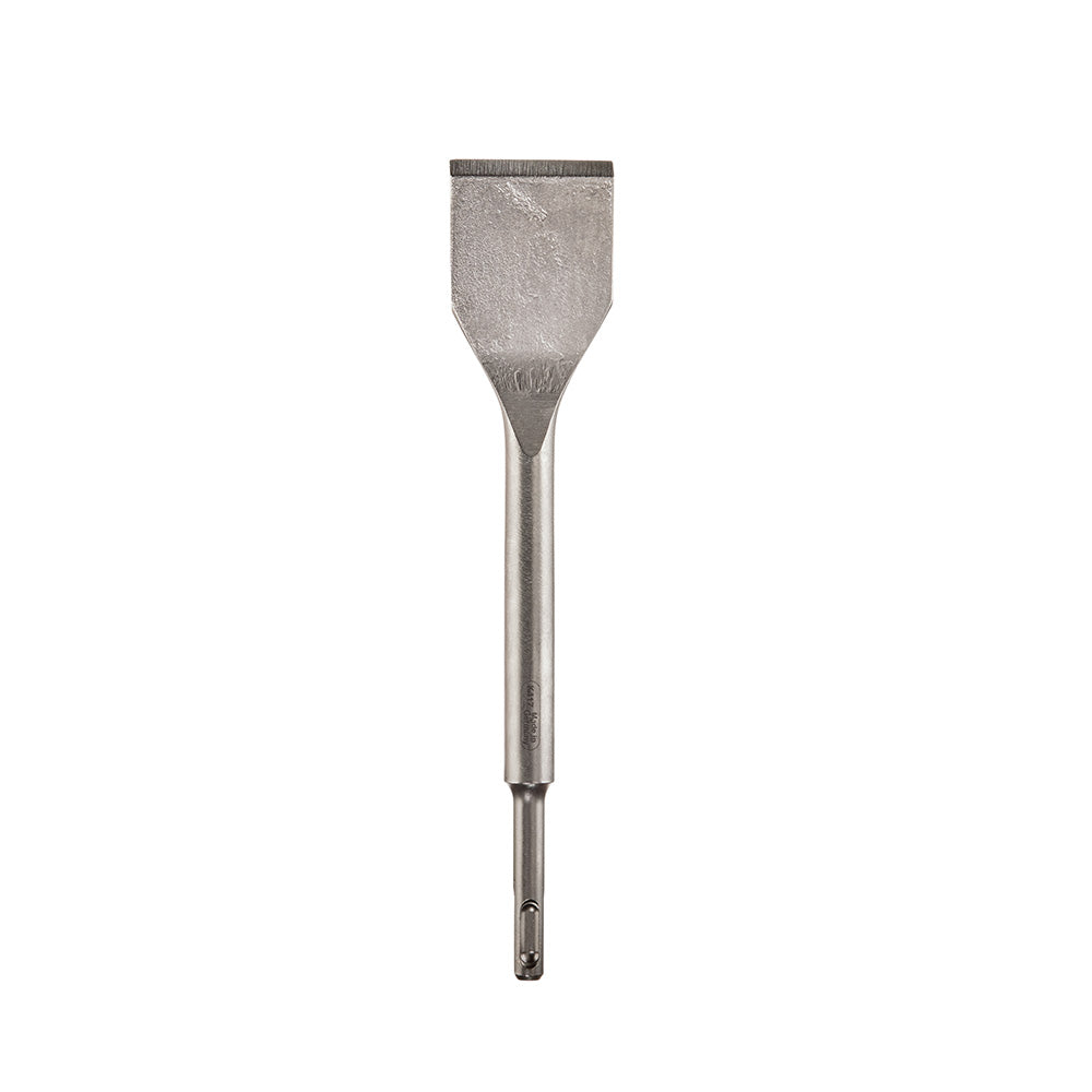 Steel tile chisel with flat rectangular head and SDS Plus shank for rotary hammer use.
