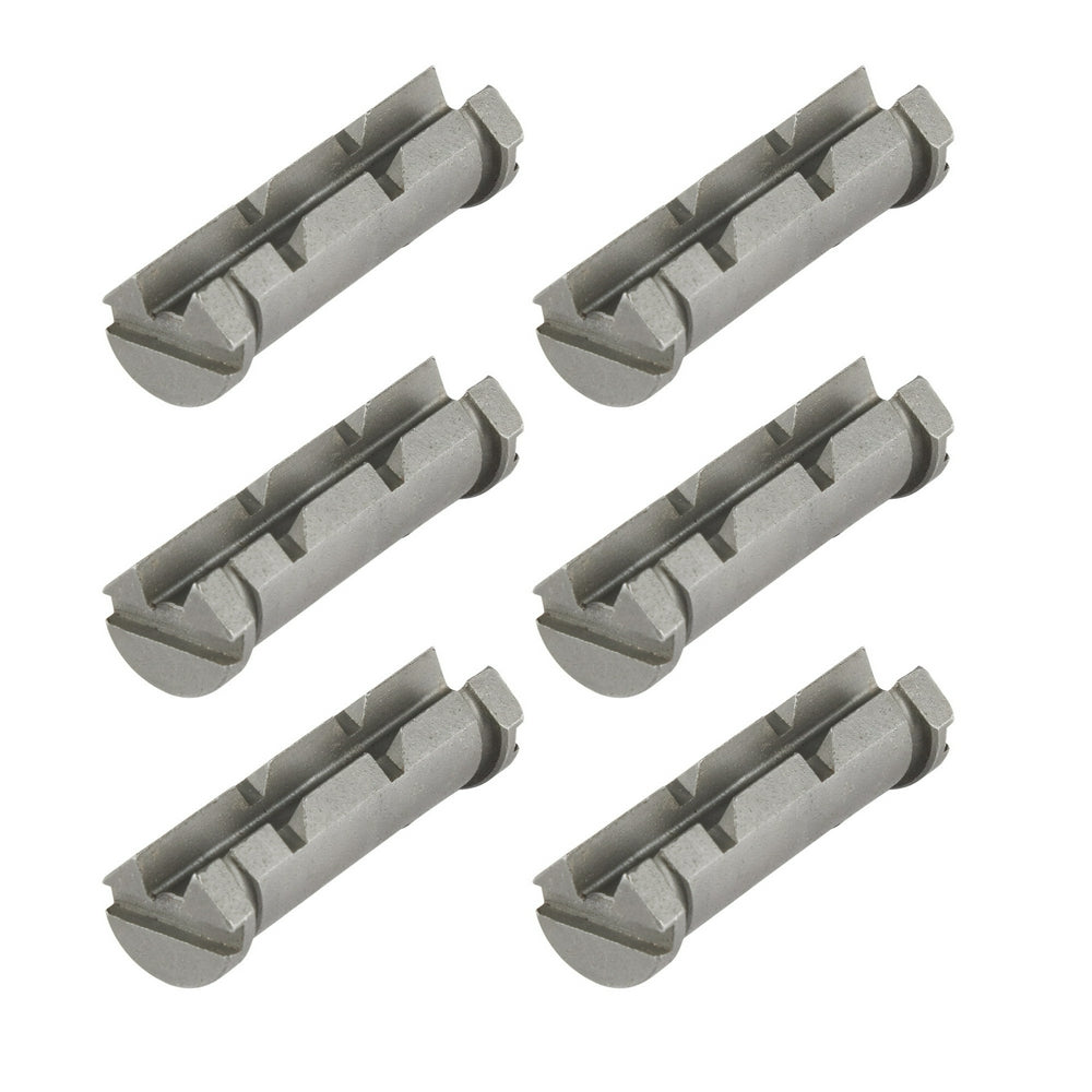 Six metal threading jaw inserts with grooved cutting surfaces for coated pipe applications.
