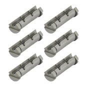 Six metal threading jaw inserts with grooved cutting surfaces for coated pipe applications.