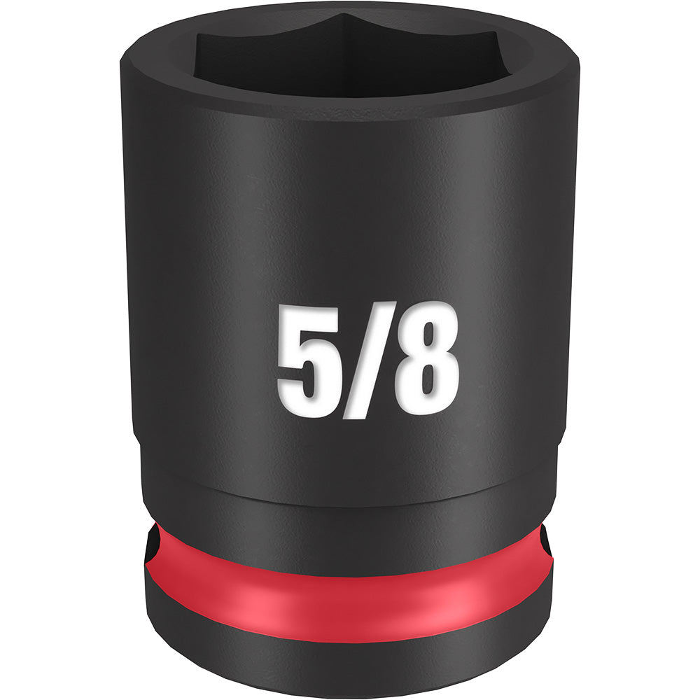 Black impact socket marked 5/8" with hexagonal opening and red grip band near base.