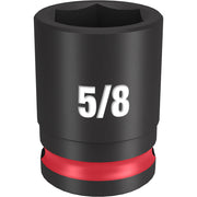 Black impact socket marked 5/8" with hexagonal opening and red grip band near base.
