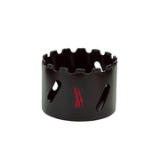 Black cylindrical hole saw with carbide grit teeth at rim edge and three cooling slots on side.