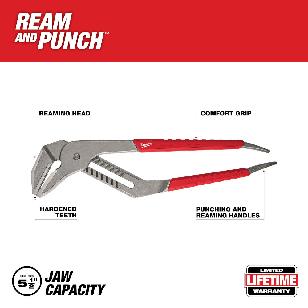 Milwaukee straight-jaw pliers with red comfort grip handles, gray metal heads, and hardened teeth for gripping and reaming.