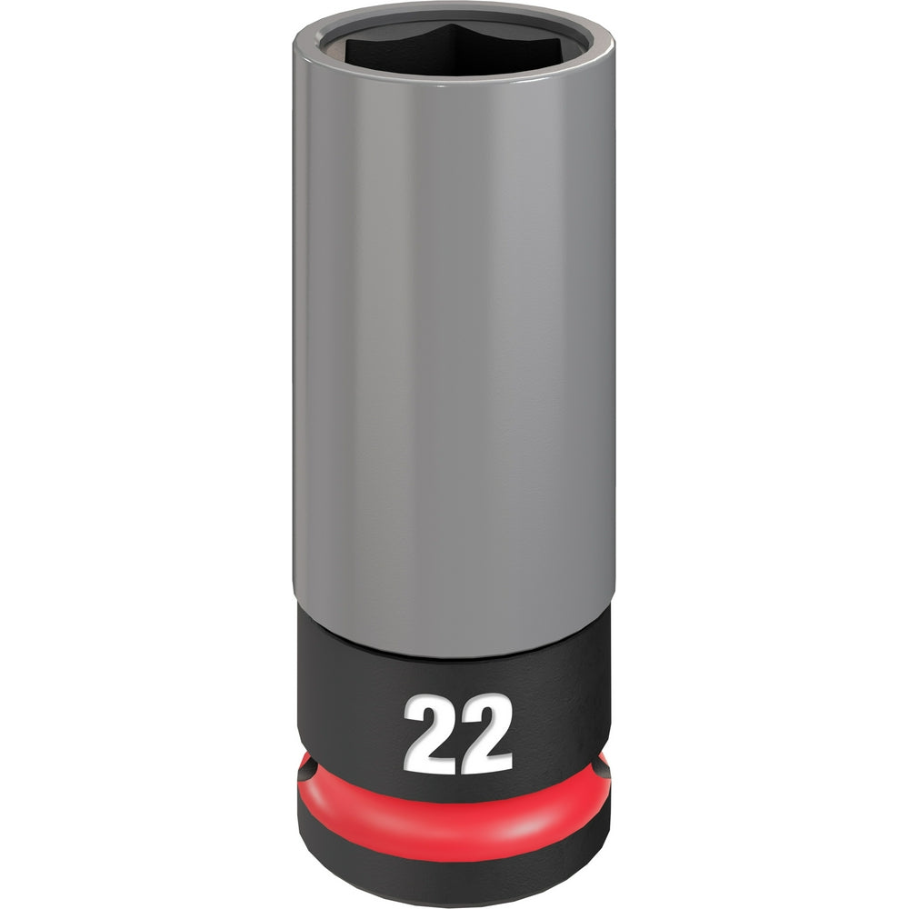 Gray and black 22MM metric lug nut socket with 1/2 inch drive and red grip band.