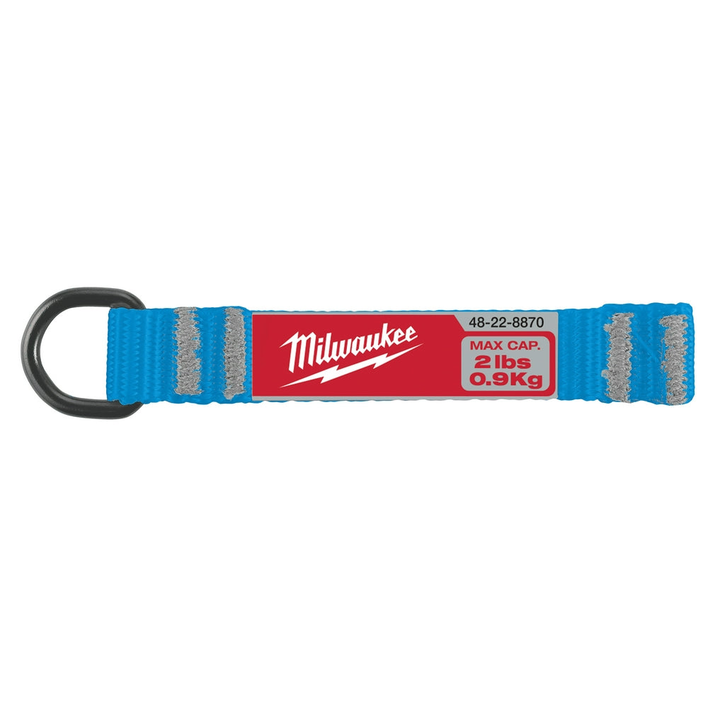 Blue and gray web attachment with black D-ring, red Milwaukee label showing 2lb capacity rating.