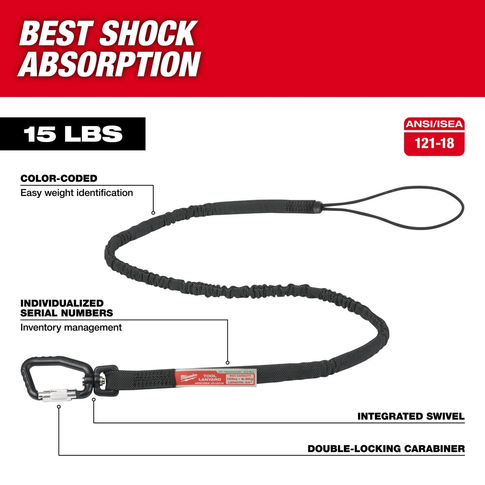 Black nylon tool lanyard with double-locking carabiner, loop end, and integrated swivel, rated 15 lbs capacity.