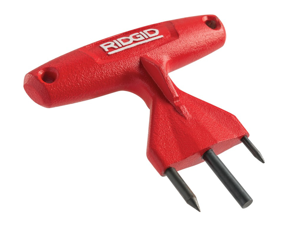 Red RIDGID cable decoupler tool with T-shaped handle and two black metal prongs.