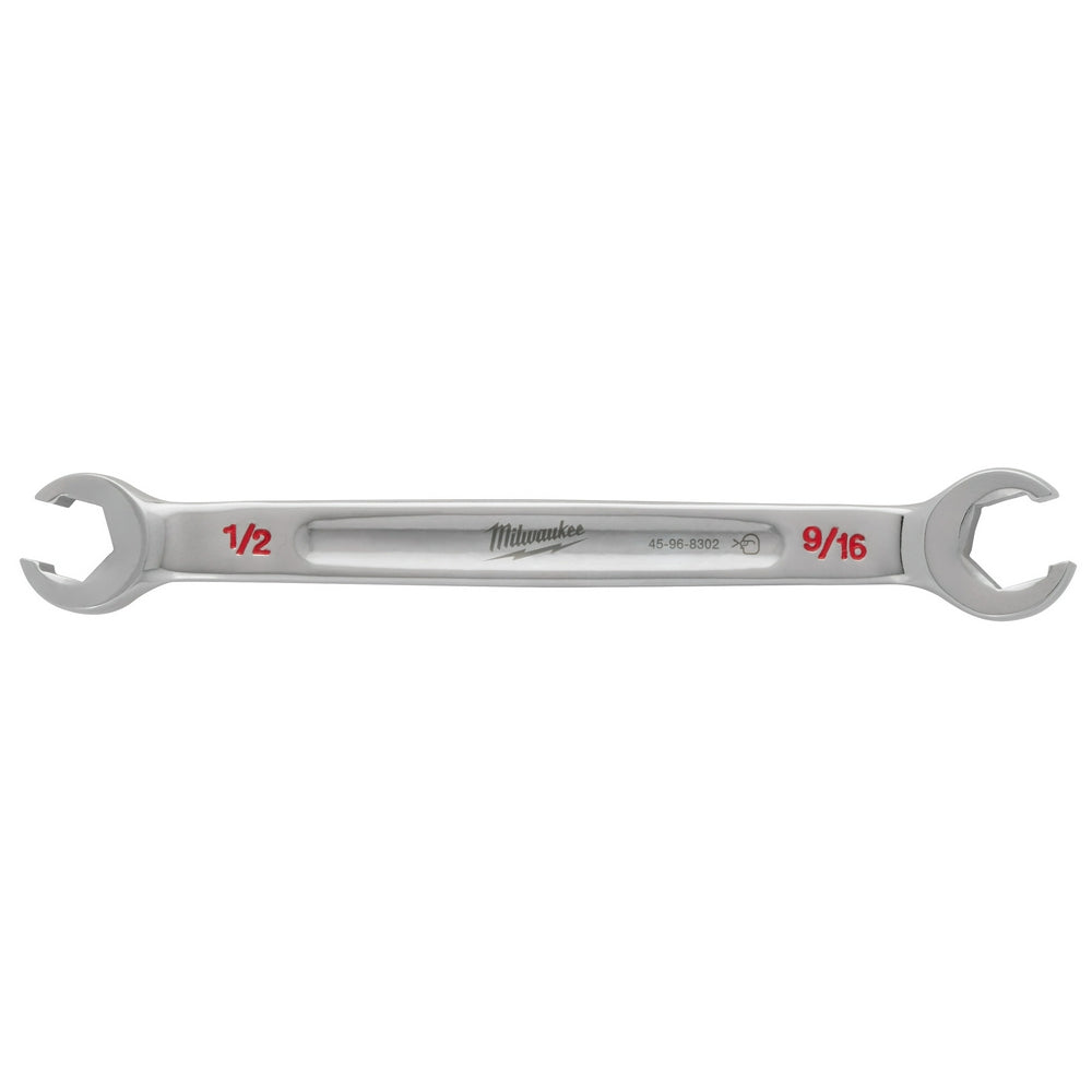 Silver double-end flare nut wrench with 1/2" and 9/16" openings, Milwaukee brand marking and model number visible.