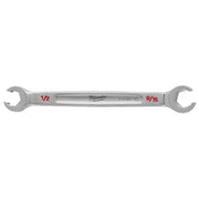 Silver double-end flare nut wrench with 1/2" and 9/16" openings, Milwaukee brand marking and model number visible.