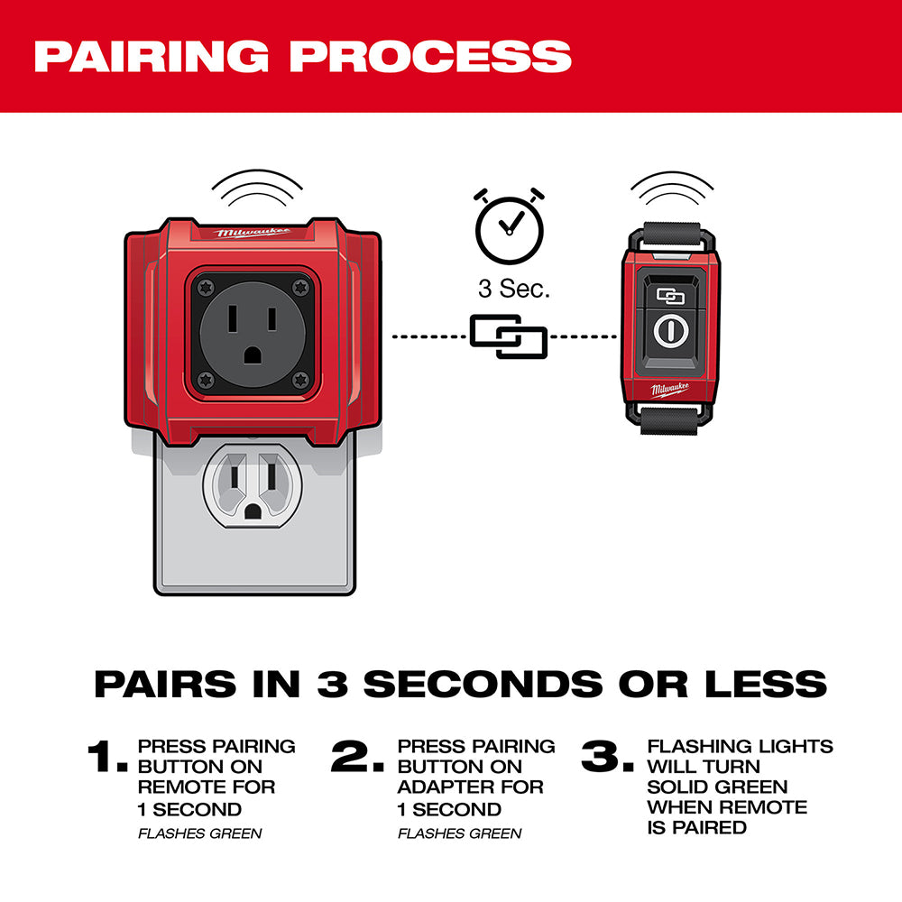 Red and white wireless dust control adapter with outlet receptacles paired with red and black remote control unit showing pai