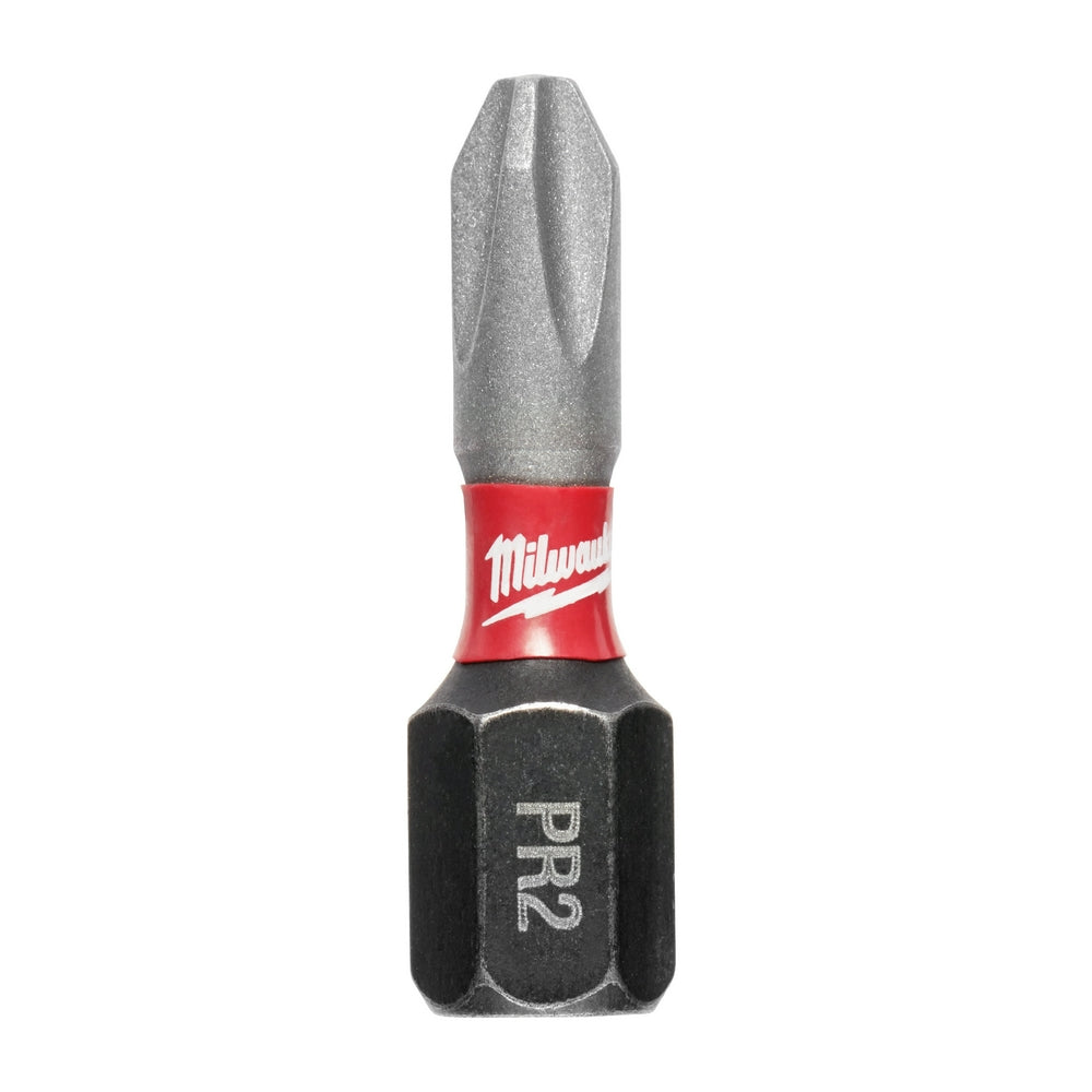 Milwaukee Shockwave Phillips #2 impact driver bit with red and black band on gray metal shaft.