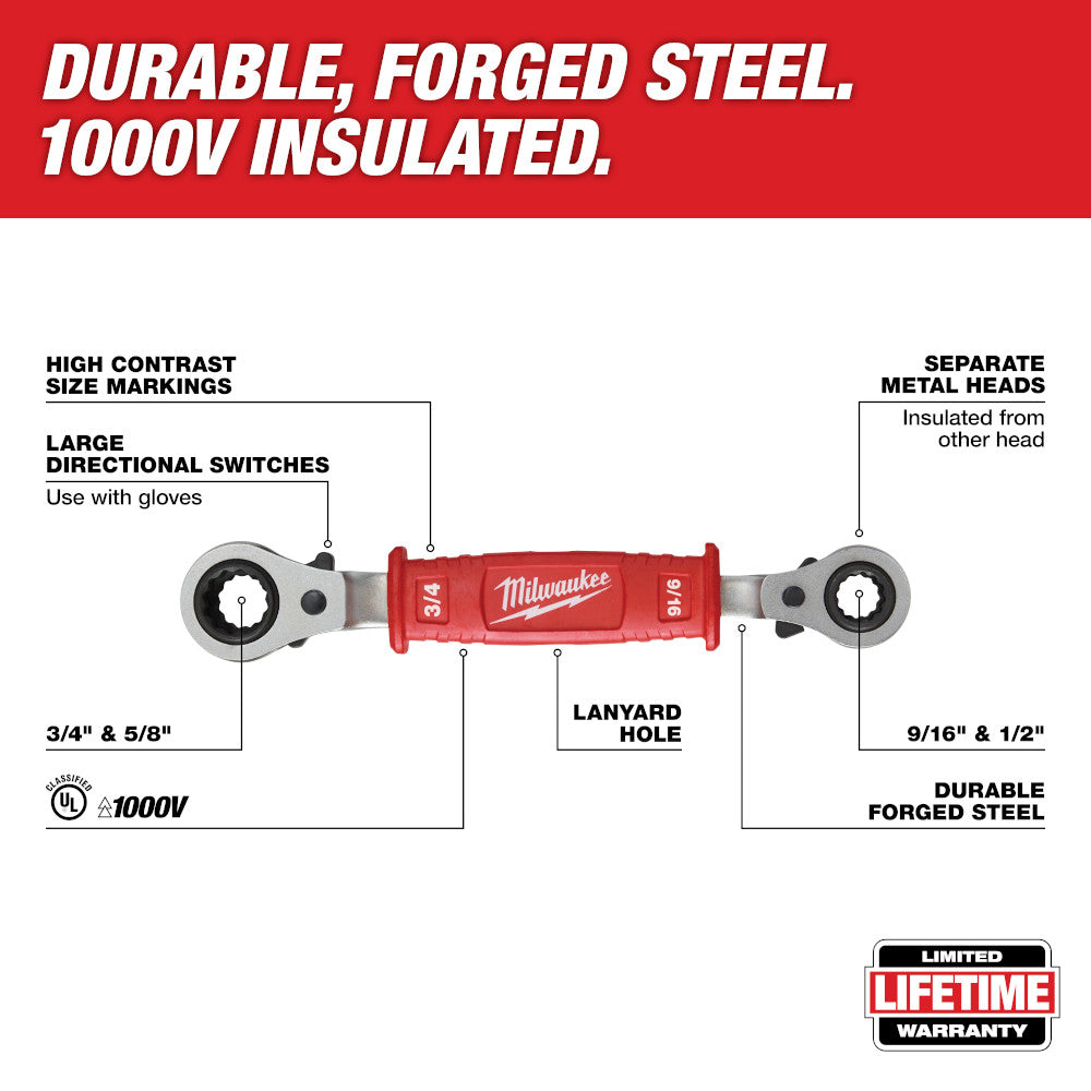 Milwaukee insulated ratcheting box wrench with four sizes (3/4", 5/8", 9/16", 1/2") and red handle.