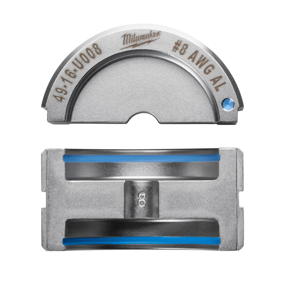 Milwaukee #8 aluminum U-style die shown from top and bottom views with blue alignment marks and model number 49-16-U008.