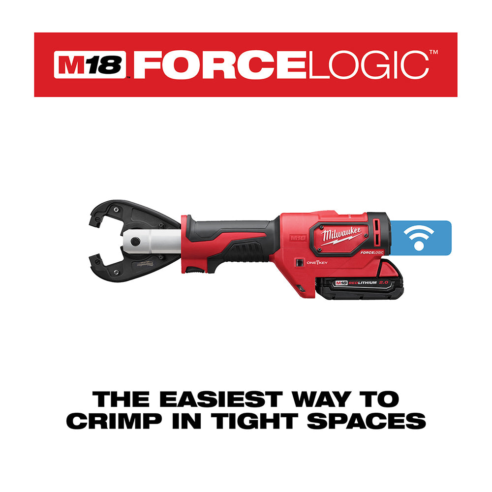 Milwaukee M18 FORCE LOGIC red and black cordless crimping tool with battery and blue wireless module attached.