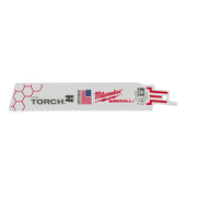 Milwaukee SAWZALL reciprocating saw blade with "THE TORCH" branding and red serrated cutting edge.