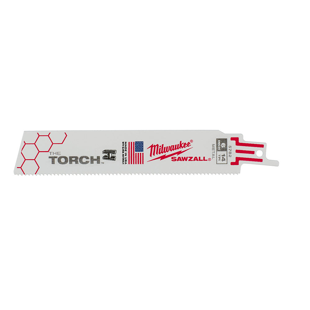 Milwaukee THE TORCH Sawzall blade with red hexagon pattern and teeth along the cutting edge.