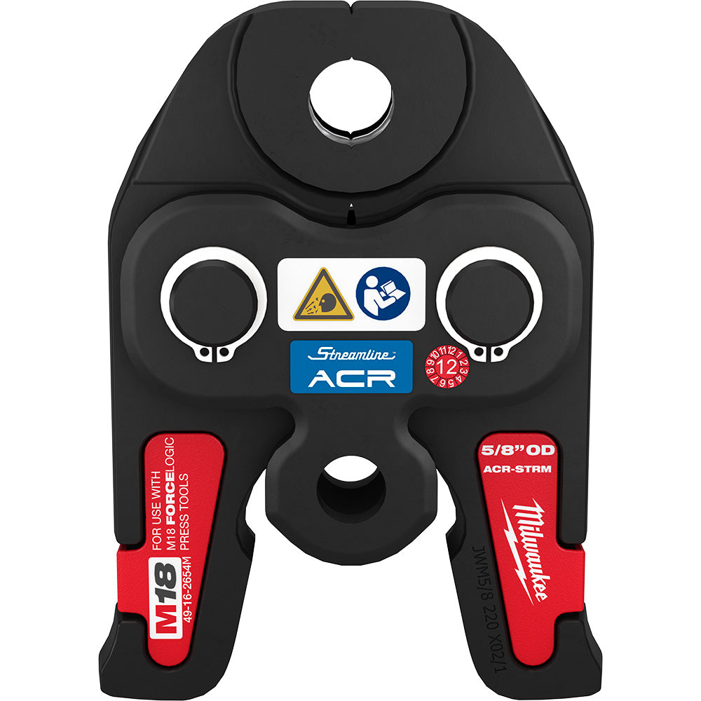 Black and red press jaw with 5/8" opening, circular contact points, and Streamline ACR branding for M18 FORCE LOGIC tools.