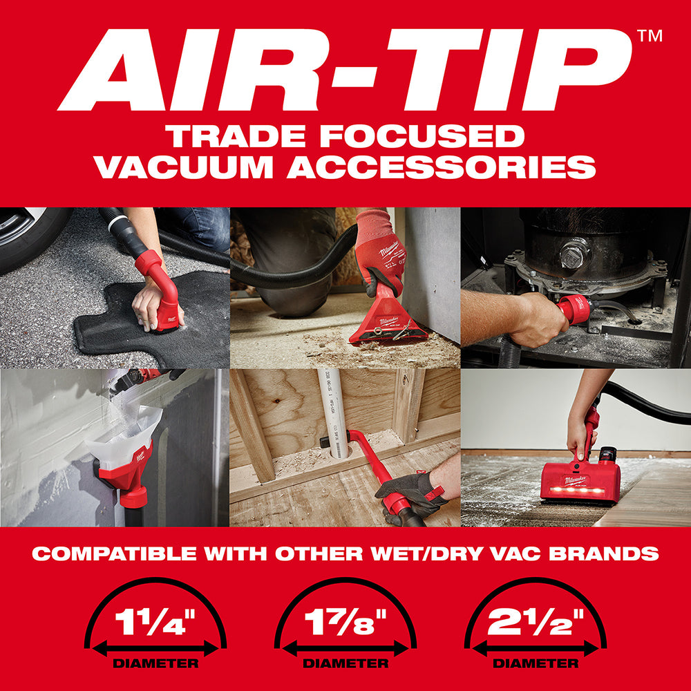 Red and black crevice tool attachment with narrow nozzle for vacuum hose connection, shown in multiple usage applications.
