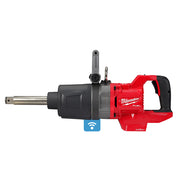 Red and black Milwaukee impact wrench with D-handle grip, extended anvil, and ONE-KEY connectivity icon visible on body.