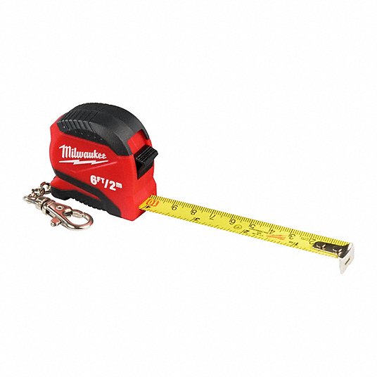 Red and black Milwaukee keychain tape measure with yellow measuring blade extended, showing metric and SAE markings.