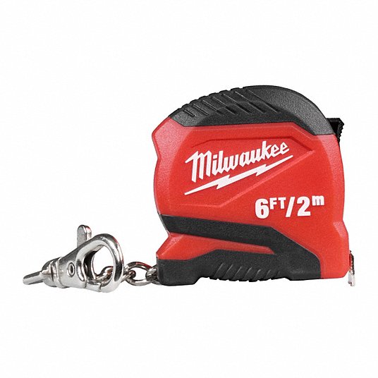 Milwaukee 6ft/2m keychain tape measure with red and black case and metal attachment clip.