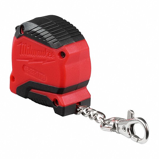 Red and black Milwaukee keychain tape measure with metal chain and clip attachment.