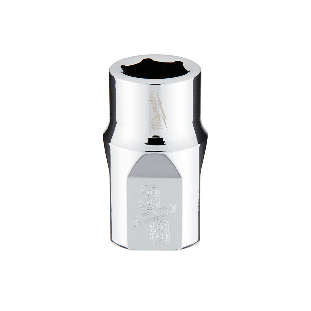 Chrome 3/8 in. drive 6-point socket with hexagonal opening and Milwaukee branding on cylindrical body.