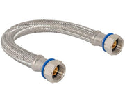 Stainless steel braided water heater connector with two female threaded brass fittings and blue sealing rings.