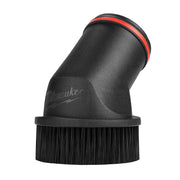 Black round brush tool with red band and dark bristles, angled nozzle design with Milwaukee branding.