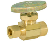 Brass multi-turn straight stop valve with green oval handle and 1/2 inch sweat connections on inlet and outlet.