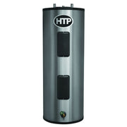 Tall cylindrical stainless steel electric water heater with black top, two black access panels, HTP logo, and drain valve at 