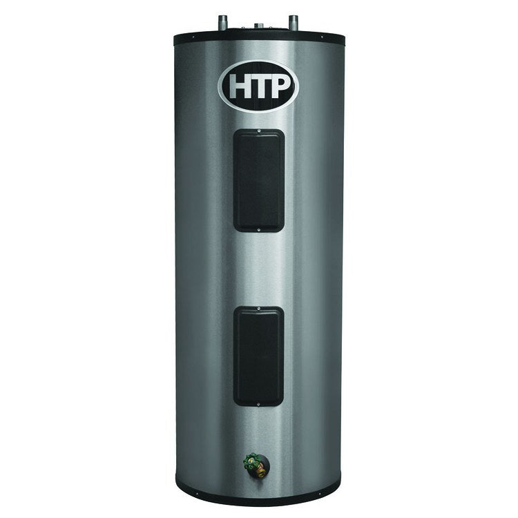 Tall cylindrical stainless steel electric water heater with black top, two black access panels, HTP logo, and drain valve at 