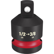 Black and red socket adapter with 1/2" drive input and 3/8" drive output, featuring a ball connection joint.