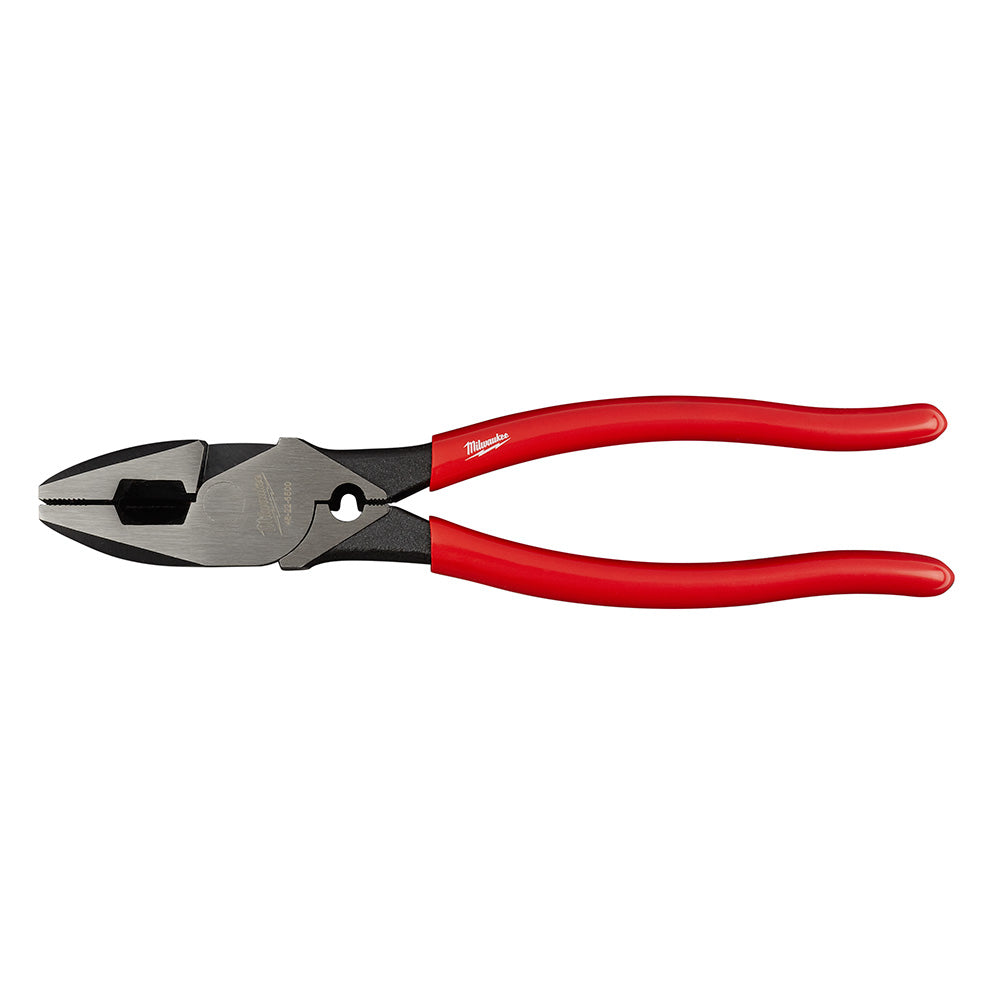 Red-handled linesman's pliers with black metal head and crimper notch on cutting jaw.