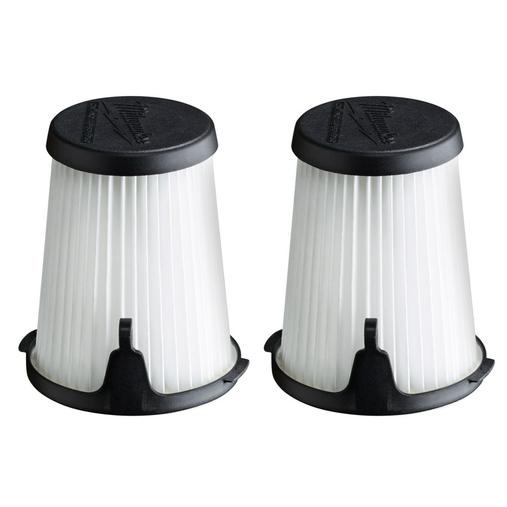 Two cylindrical white pleated filters with black top caps and base rings for Milwaukee M12 compact vacuum.
