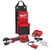 Milwaukee M18 FORCE LOGIC cable cutter kit with red and black tool, charger, battery, bag, and accessories.