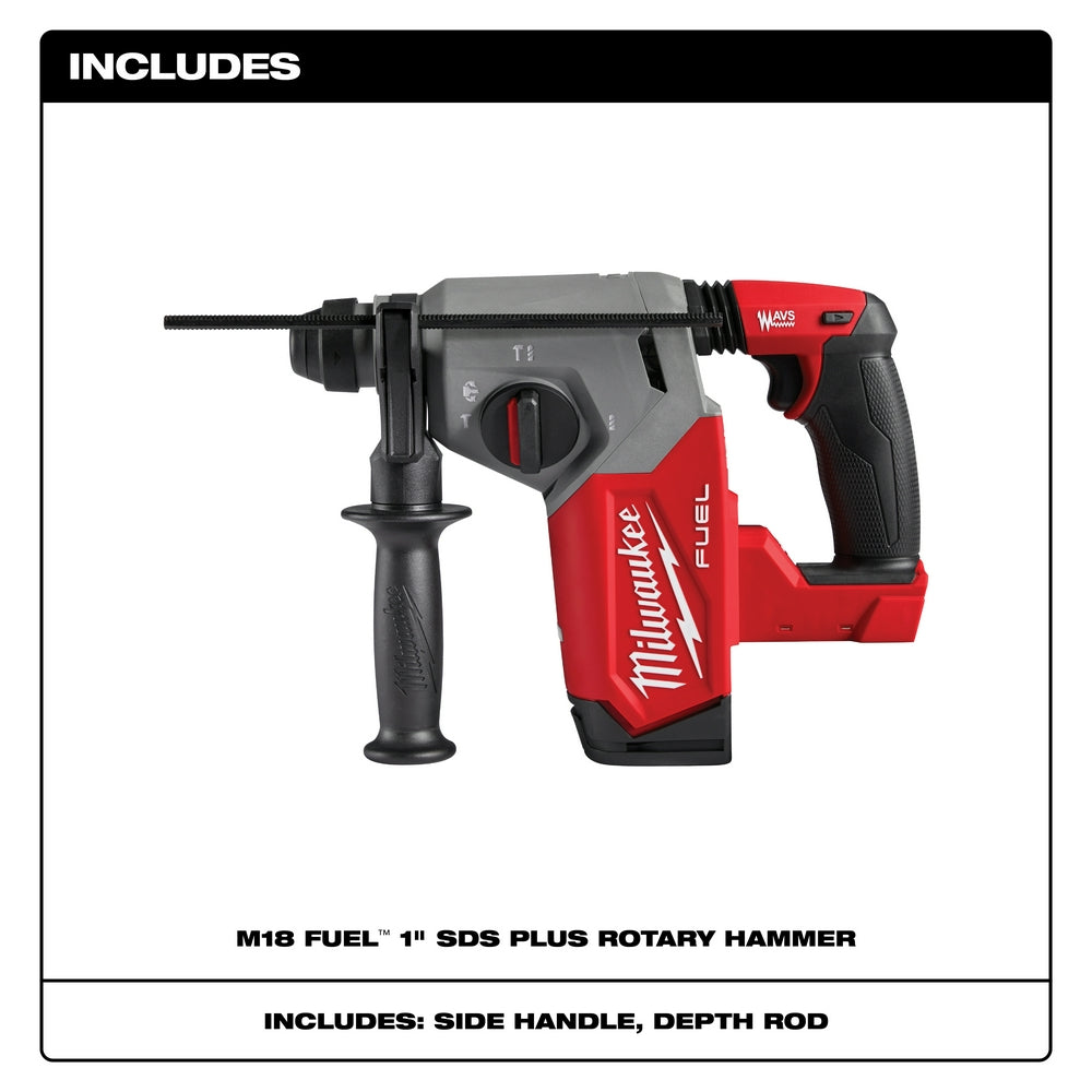 Red and gray Milwaukee M18 FUEL rotary hammer with SDS Plus chuck, side handle, and depth rod included.