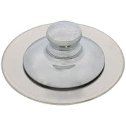 Chrome-plated push-pull tub drain closure with grid strainer, silicone ring, and threaded knob on circular flange.