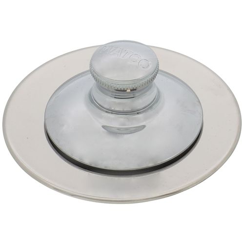 Chrome-plated push-pull tub drain closure with grid strainer, silicone ring, and threaded knob on circular flange.
