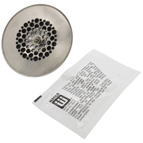 Chrome-plated tub drain closure with grid strainer pattern and silicone ring, shown with instruction manual.