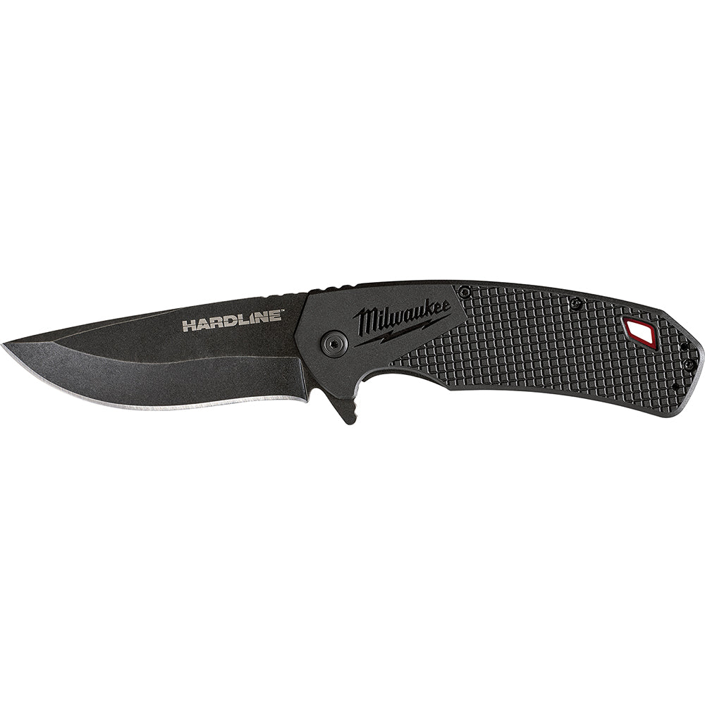 Black Milwaukee Hardline pocket knife with smooth blade, textured handle, and red accent mark.