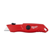 Red Milwaukee self-retracting utility knife with black button and extended silver blade.