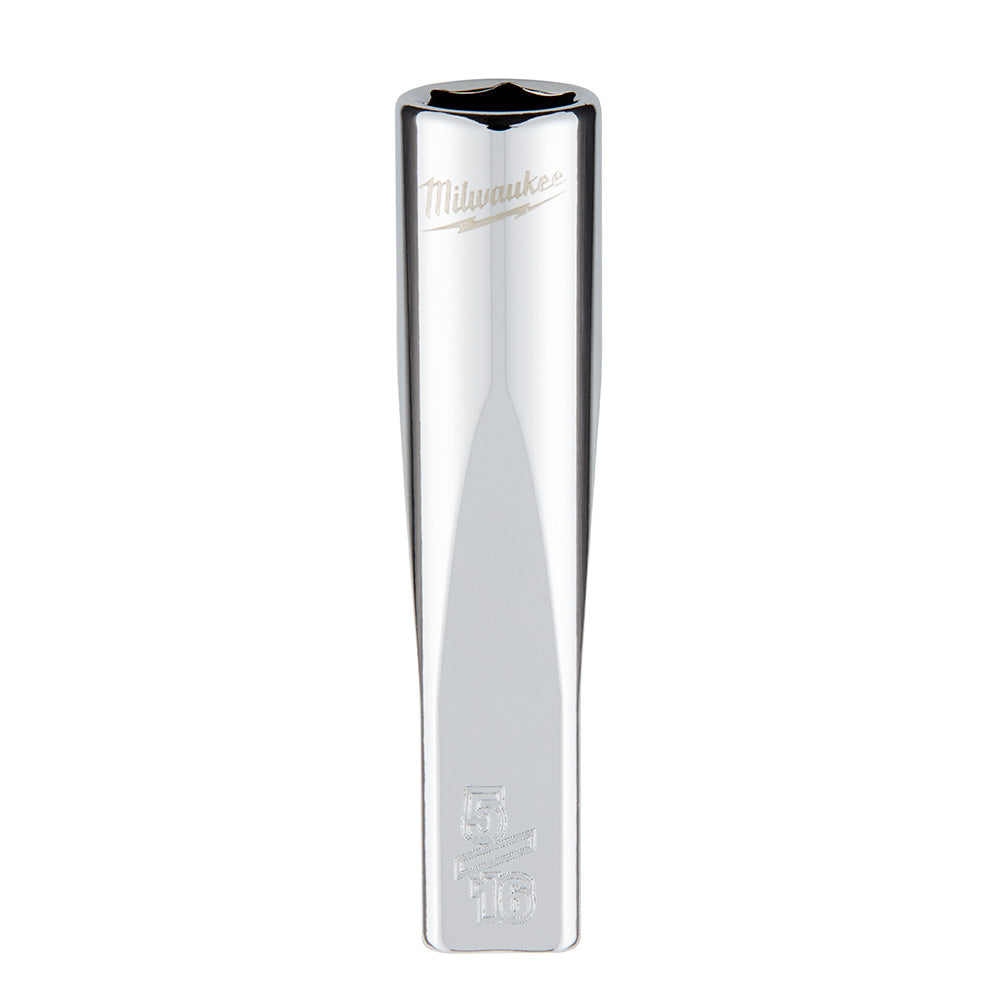 Milwaukee 1/4 in. drive 5/16 in. SAE 6-point deep socket with chrome finish and engraved branding.