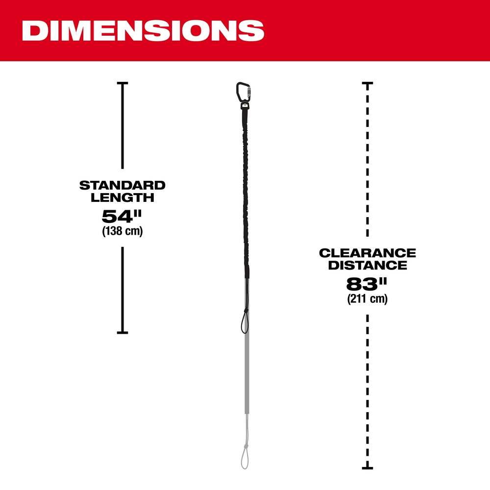 Black braided tool lanyard with carabiner and loop ends, 54 inches standard length, 83 inches extended reach.
